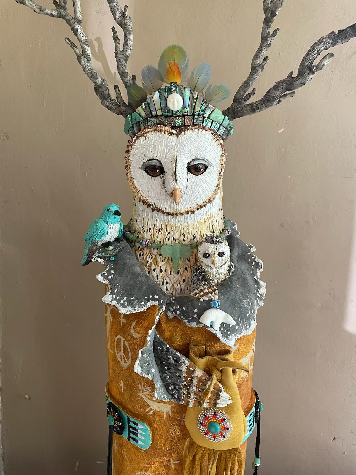 Owl with Antlers and Yellow Petroglyph Robe