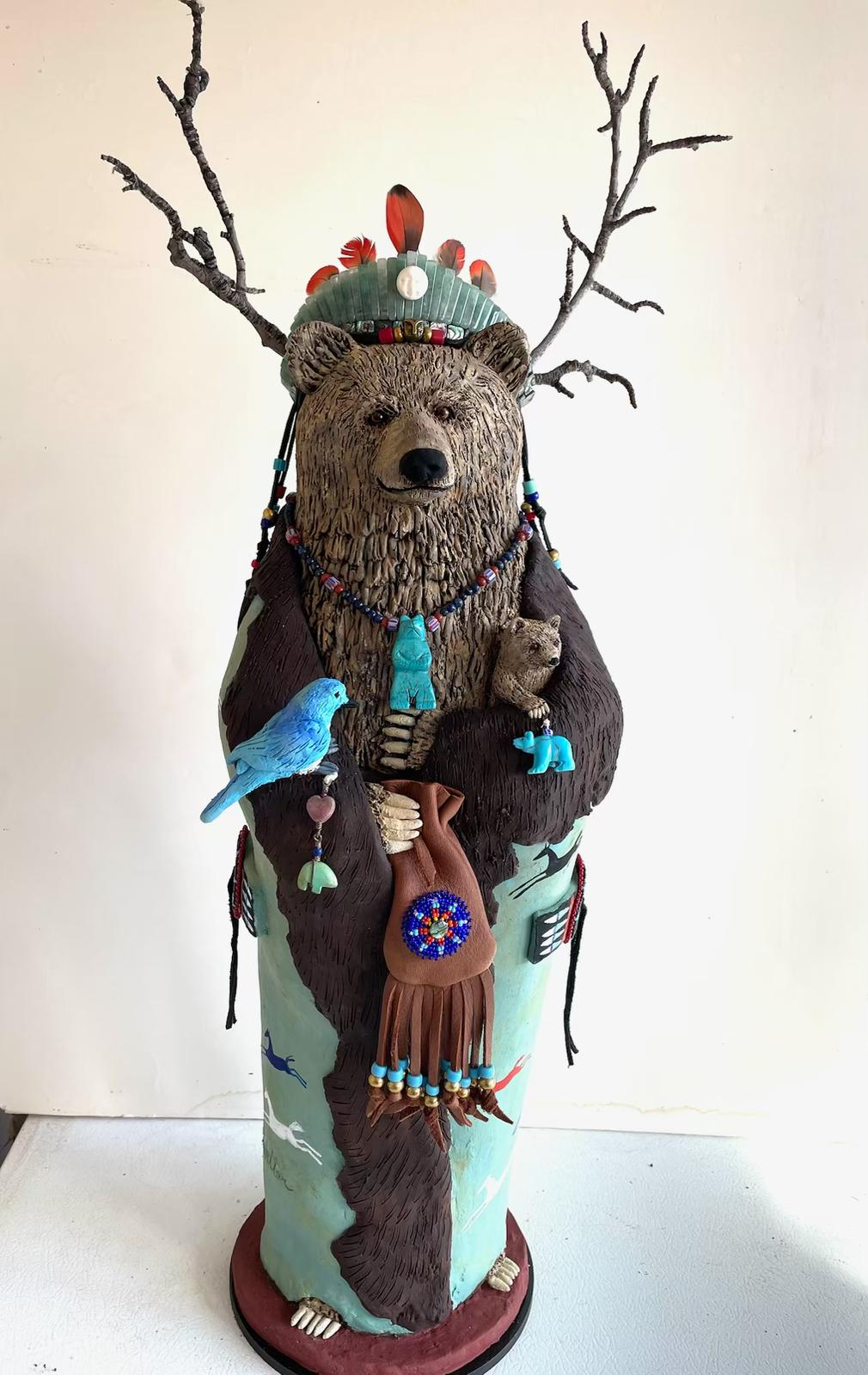 Brown Bear with Antlers and Brown Medicine Pouch