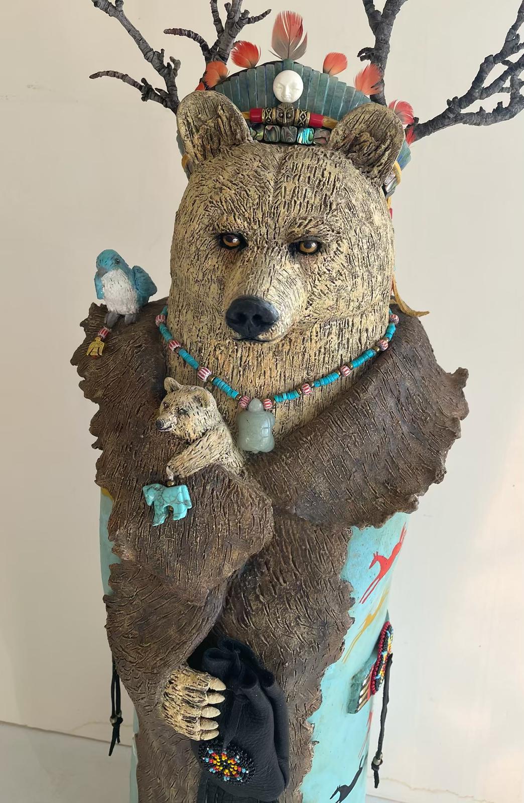 Brown Bear with Antlers and Black Medicine Pouch
