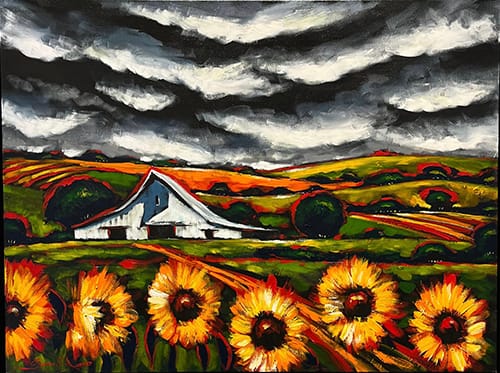 White Barn with Sunflowers