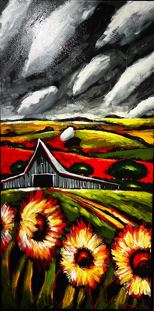 Sunflowers with Grey Barn